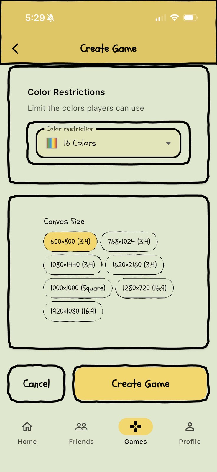 Scribble Chain game setup screen with color and canvas size options